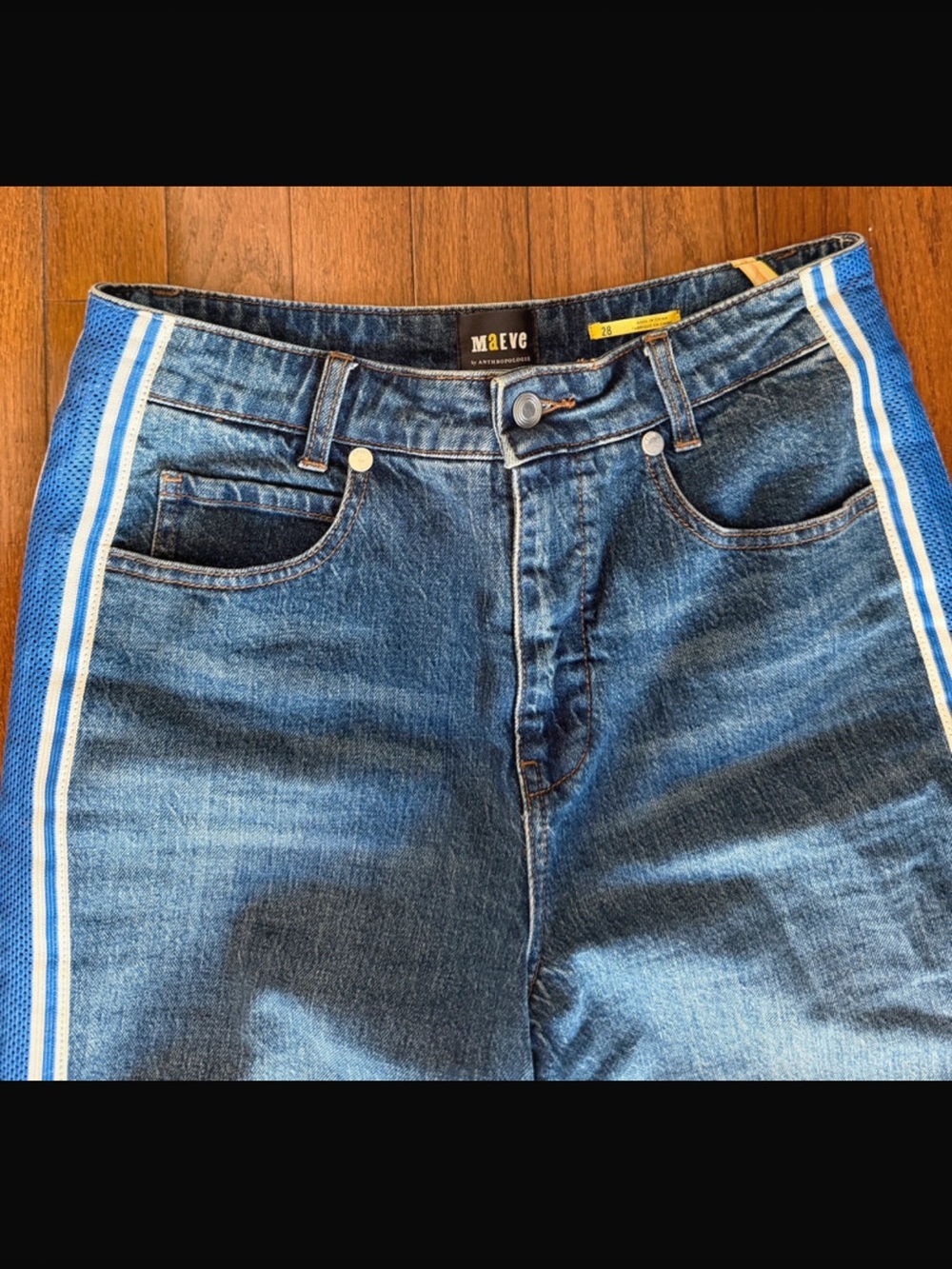 Anthropologie Blue Denim Wide-Leg Jeans with White and Blue Side Stripes - Picture 5 of 13